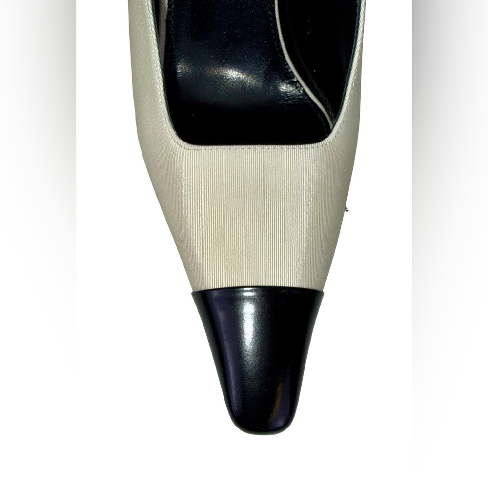 SAINT LAURENT INES SLINGBACK PUMPS IN WHITE SATIN AND BLACK LEATHER - Picture 4 of 7